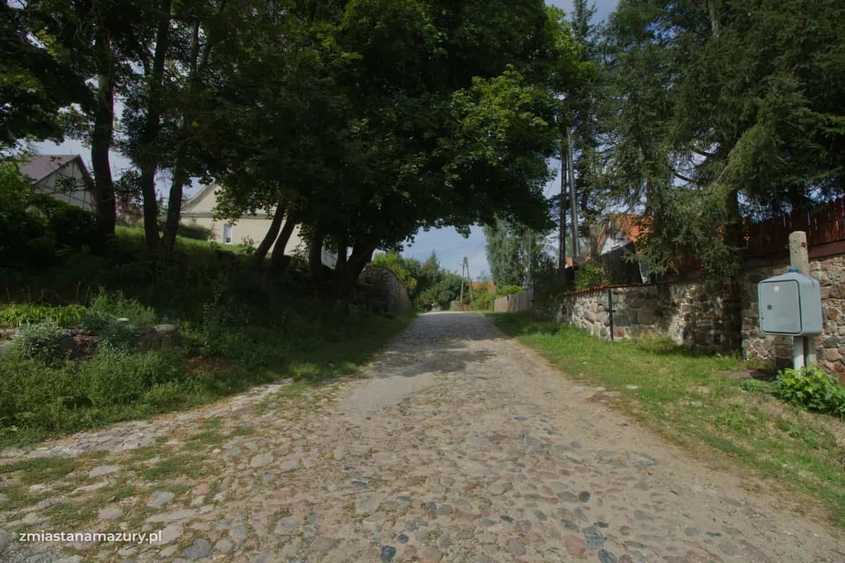 Wiejska droga w Cierzpiętach między drzewami i domami